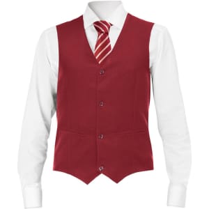 A red vest with a white shirt and red-striped tie, featuring a branded logo on the vest.