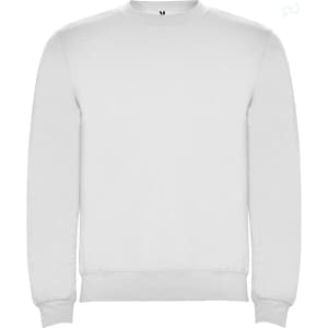 A white sweatshirt with a crew neck and long sleeves, featuring a logo on the front.