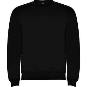 A plain black sweatshirt with a crew neckline and ribbed cuffs. It features a logo on the front.
