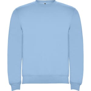 A light blue sweatshirt with long sleeves and a crew neck, featuring a logo on the front.