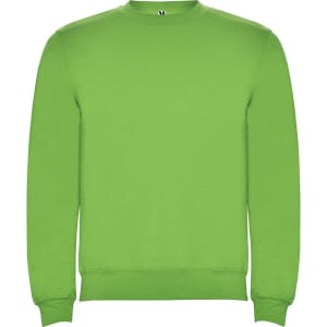 A bright green sweatshirt with a classic crew neck and long sleeves. It features a logo on the neckline.