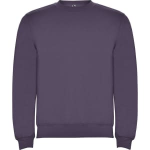 A purple sweatshirt features a crew neck and long sleeves, with a logo on the front.