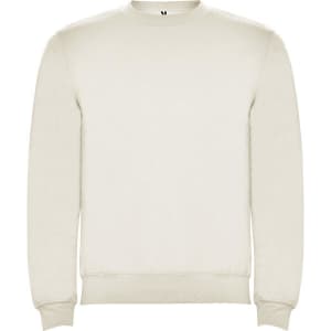 A cream-coloured sweatshirt with a simple design and a branding logo on the neck.