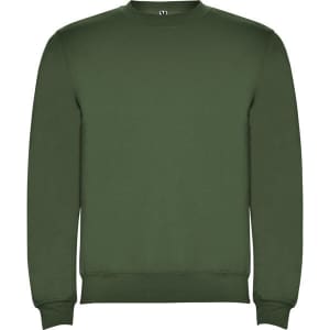 A green sweatshirt featuring a crew neckline and ribbed cuffs, with a logo on the inside label.