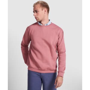 A pink sweatshirt with a round neckline, featuring a relaxed fit and long sleeves, worn over a collared shirt.