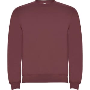 A burgundy sweatshirt featuring a crew neck and ribbed cuffs, with a logo present. Ideal for casual wear.
