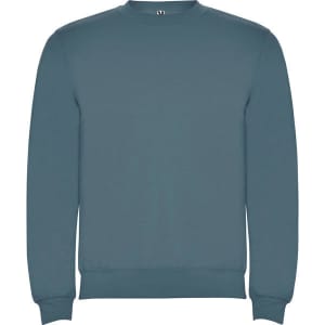 A blue sweatshirt featuring a simple design and a crew neck. It has a logo on the label.