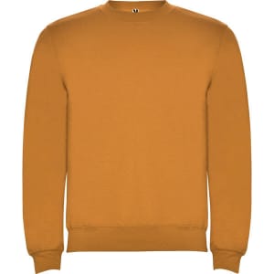 A mustard-coloured sweatshirt with a round neckline and long sleeves, featuring a logo.