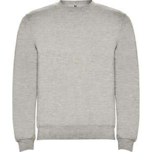 A grey sweatshirt featuring a crew neck design, with long sleeves and a subtle logo.