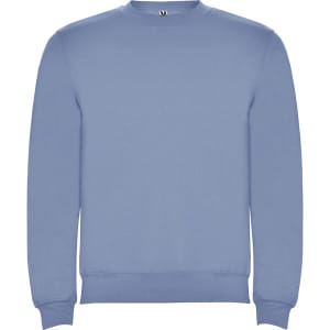 A blue sweatshirt with a round neck and long sleeves, featuring a logo on the front.
