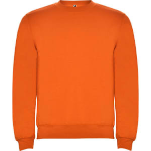 An orange sweatshirt with a crew neck and long sleeves, featuring a logo on the neckline.