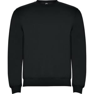 A black sweatshirt with a crew neckline, featuring long sleeves and a simple design. It has a logo on the neckline.