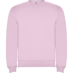A pink sweatshirt with a crew neckline and long sleeves. It has a small logo on the neckline.