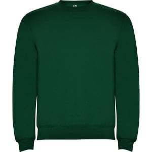 A green sweatshirt with a crew neckline and ribbed cuffs, featuring a logo on the neckline.