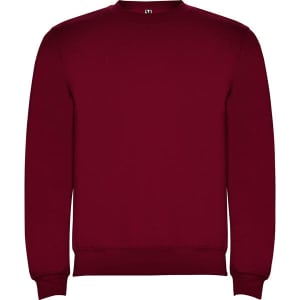 A maroon sweatshirt with a crew neck and long sleeves, featuring a logo on the front.