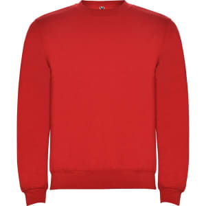 A red sweatshirt with a crew neck and long sleeves, featuring a small logo on the neckline.