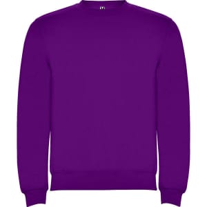 A purple sweatshirt with a crew neckline and ribbed cuffs, featuring a logo on the front.