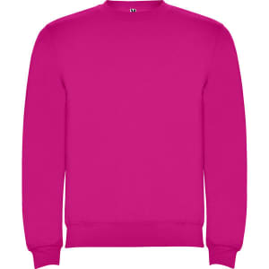 A bright pink sweatshirt featuring a crew neckline and cuffs. It has a logo on the front.