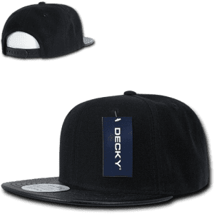 A black 6 panel high profile structured snapback cap with a branded tag and a flat brim.