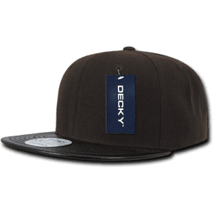 A 6 panel high profile structured snapback cap in black with a textured brim and a logo tag.