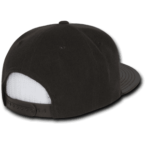 A black 6-panel high profile structured snapback cap with a mesh back and an adjustable strap.