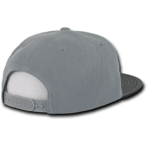 A grey high profile structured snapback cap featuring a plastic adjustable strap and a white mesh back.