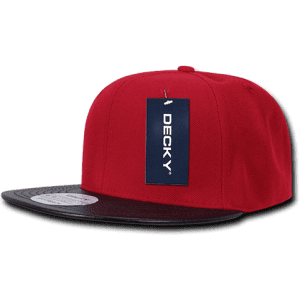 A red 6 panel high profile structured snapback cap with a black brim and a logo tag attached.
