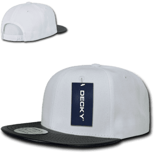 A white structured snapback cap with a black brim and a logo tag attached.