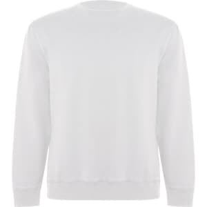 A white sweatshirt with a classic crew neck design, featuring long sleeves and a subtle branding logo.
