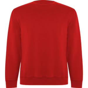 A red sweatshirt with a crew neck and long sleeves, featuring a plain design and a logo on the front.
