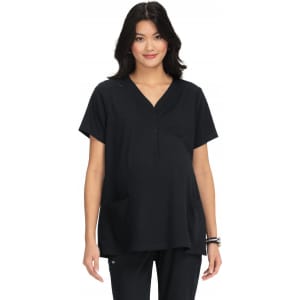 A maternity top in black featuring a V-neck, short sleeves, and a side pocket. It has a logo on the chest.