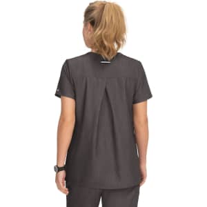 A maternity top in dark grey with a pleated back design, featuring a logo on the sleeve.