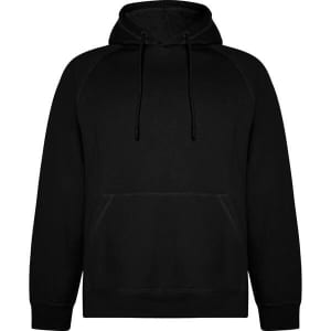 A black hooded sweatshirt featuring a front kangaroo pocket and adjustable drawstrings. It has a logo on it.