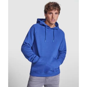 A blue hooded sweatshirt featuring a front pocket and drawstring hood, modeled by a person with a neutral expression.