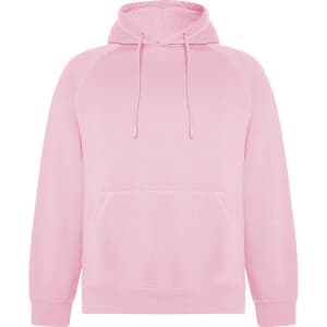 A pink hooded sweatshirt featuring a front pocket and drawstring hood. It has a simple design and includes a logo.