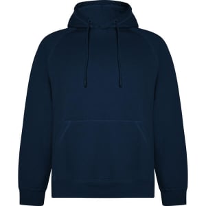 A navy Vinson hooded sweatshirt featuring a kangaroo pocket and a hood, with a simple logo on the front.