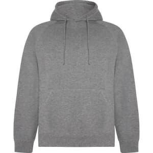 A grey hooded sweatshirt featuring a kangaroo pocket and drawstrings. It has a simple design with raglan sleeves.