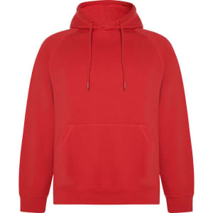 A red hooded sweatshirt featuring a front pocket and drawstrings, with a logo on the chest.