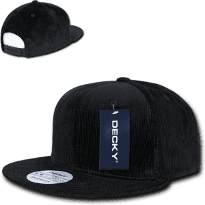 A black corduroy snapback cap with a structured high profile and a tag attached. Features a logo on the front.