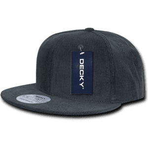 A dark grey corduroy snapback cap with a flat brim and a logo tag.