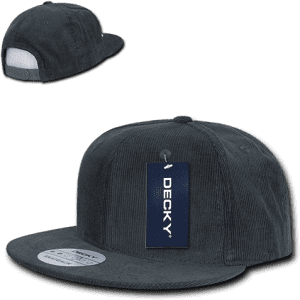 A structured six-panel snapback cap in charcoal with a tag and a logo on the side.