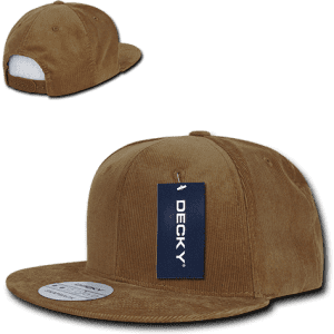 A high-profile structured snapback cap in brown, featuring a logo and a flat brim. The back shows an adjustable strap.