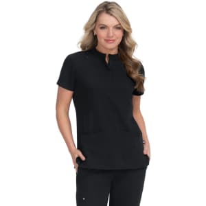 A women's black medical top with short sleeves, a keyhole neckline, and two front pockets, featuring a branding logo.