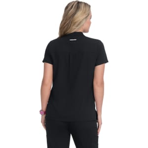 A short-sleeved black top with a simple design and a back detail, featuring a logo on the neckline.