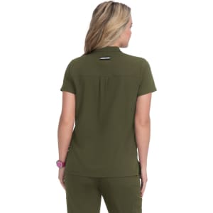 A short-sleeved, olive green blouse with a collar and a branding logo on the back, designed for women.