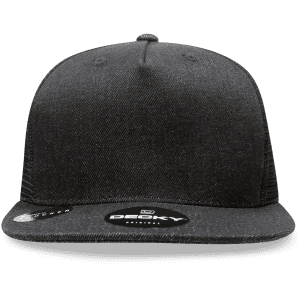 A black structured trucker cap with a flat brim and a mesh back, featuring a logo.