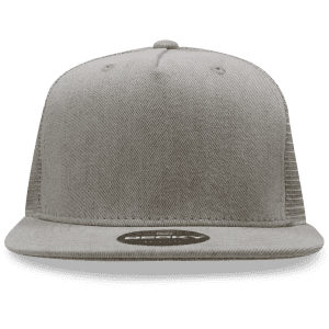 A grey 5 Panel High Profile Structured Trucker cap with a logo on the front and mesh sides.