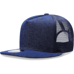 A high-profile structured trucker cap in denim blue with a mesh back and a flat brim. Features a logo on the front.