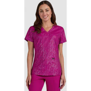 A pink top featuring a sparkling sequin design, with a V-neck and short sleeves, and a logo on the side.
