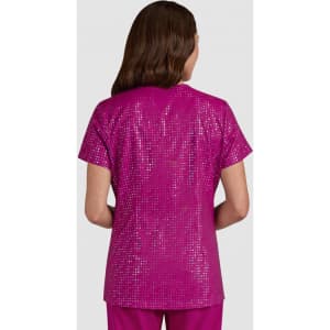 A shiny, pink top with a sequin design, featuring a simple round neckline and short sleeves.
